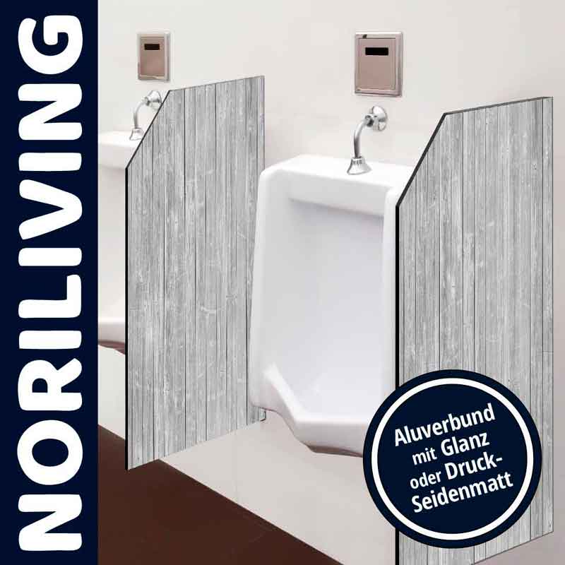 Hochwertige Trennwand mit Holzoptik für Urinale, erhältlich in Glanz oder Seidenmatt von NORILIVING