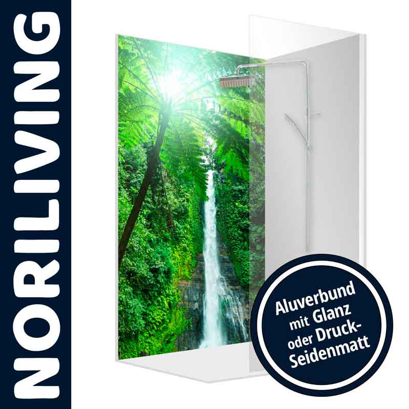 Noriliving Duschwand mit Wasserfall-Motiv und glanzvoller Oberfläche Duschwand von Noriliving mit einem Wasserfall-Motiv, erhältlich in Aluverbund mit glänzender oder seidenmatter Oberfläche