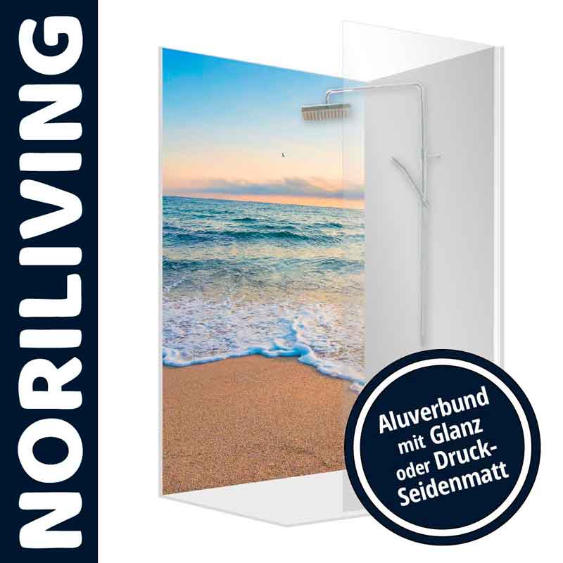 Strandmotiv Duschwand aus Aluverbund mit Glanz- oder Druck-Seidenmatt-Ausführung von Noriliving