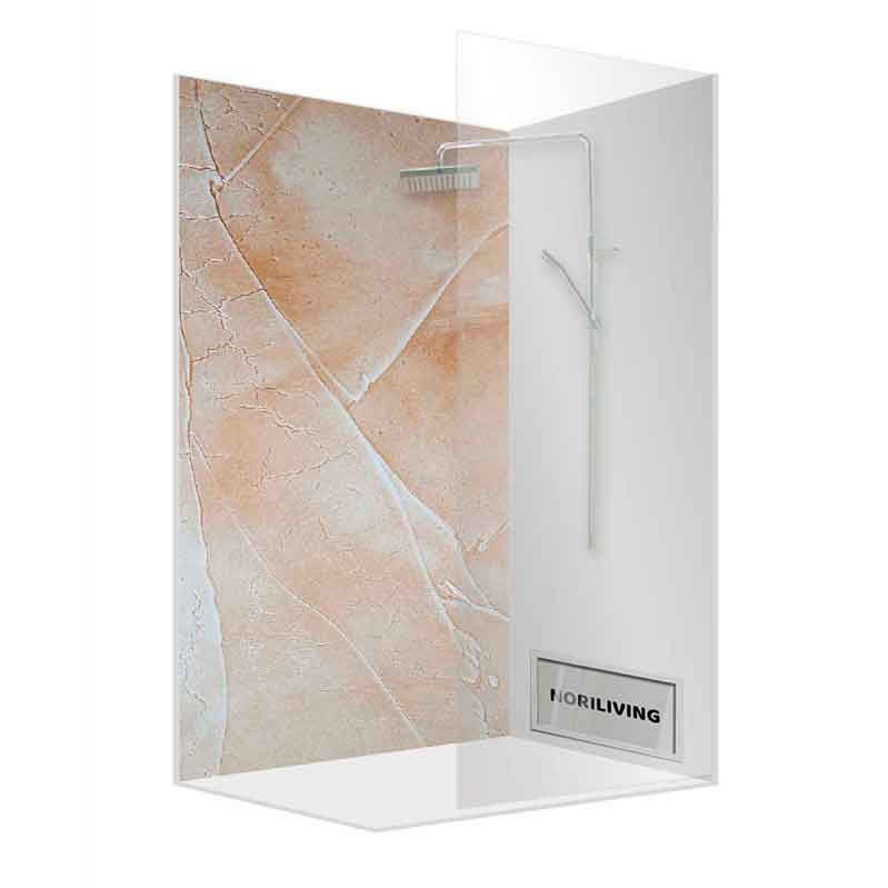 Duschabtrennung mit Marmoroptik und Regenduschkopf