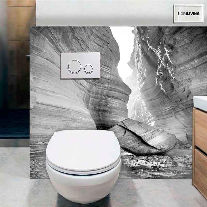 Toilette vor einer Wand mit Fototapete, die eine felsige Schlucht zeigt