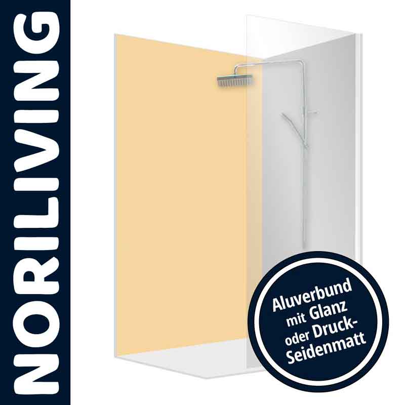 Duschrückwand von Noriliving in Aluverbund mit Glanz oder seidenmatter Optik