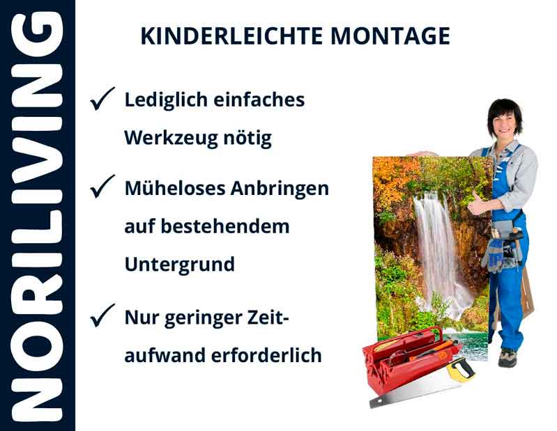 Person mit Werkzeug trägt Bild von Wasserfall, daneben Text: Einfache Montage, minimal benötigtes Werkzeug, geringer Zeitaufwand