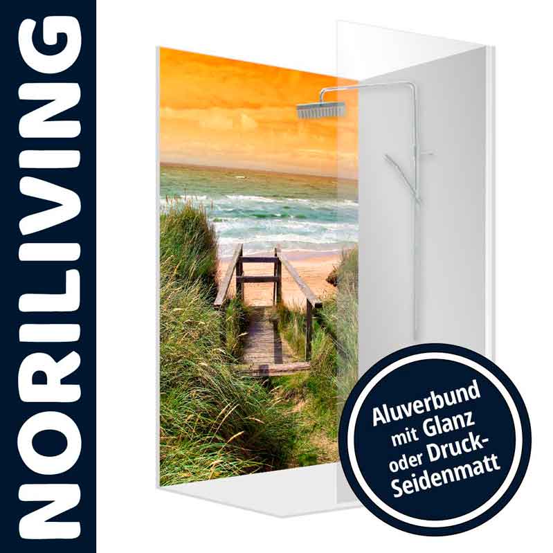 Duschwand mit Strandmotiv, Aluverbund glanz oder seidenmatt, von Noriliving