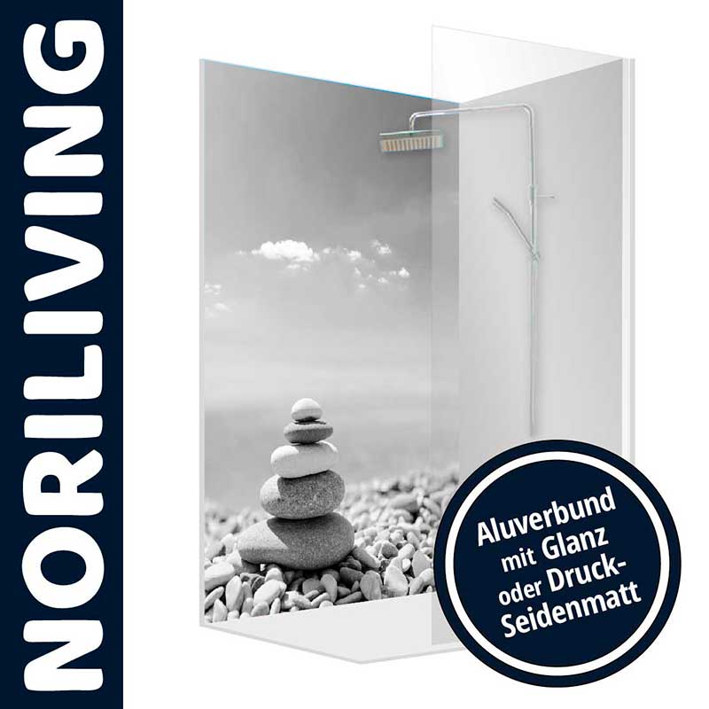 Noriliving Duschwand mit Steindekor und Alubund - Glanz oder Druck-Seidenmatt Moderne Duschwand von Noriliving mit Steindesign, Alubund in Glanz oder Druck-Seidenmatt erhältlich