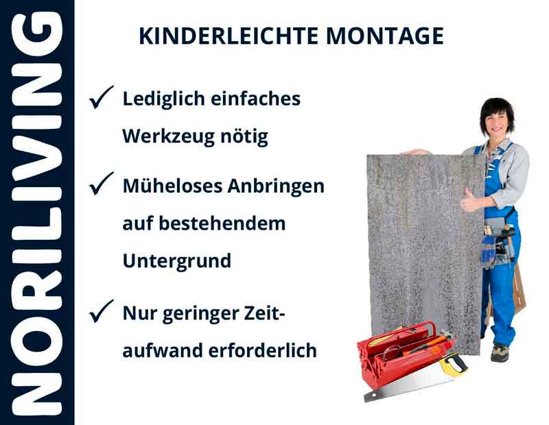 Noriliving - Einfache Montage mit minimalem Zeitaufwand Werbung für Noriliving mit einfacher Montageanleitung. Person zeigt Material mit Werkzeug im Vordergrund.