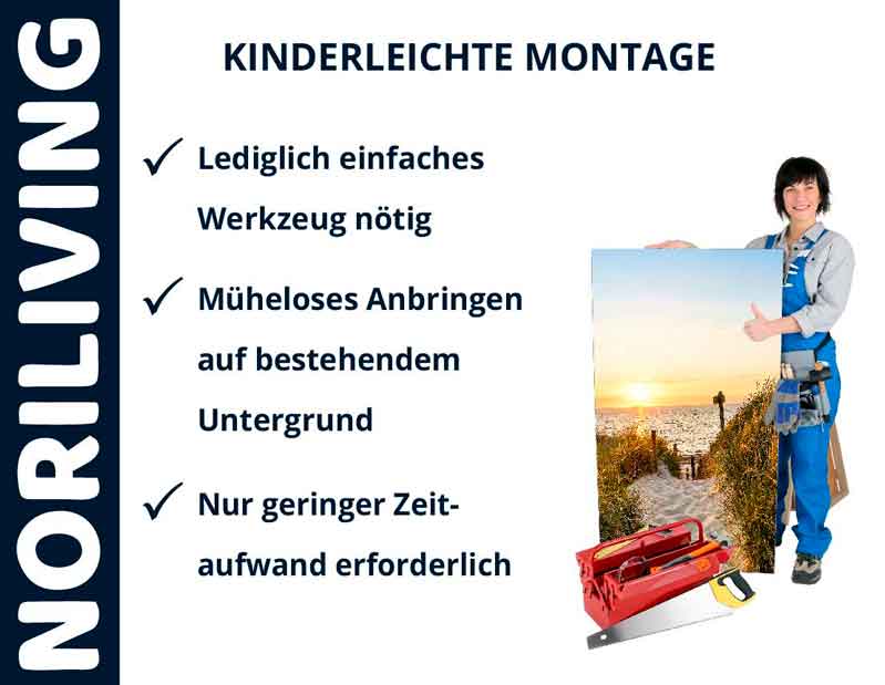 NORILIVING Produktpräsentation: Einfache Montage mit minimalem Werkzeugaufwand Person mit Werkzeugkoffer zeigt einfache Installation eines Bildes an der Wand, mit minimalem Zeit- und Werkzeugaufwand.