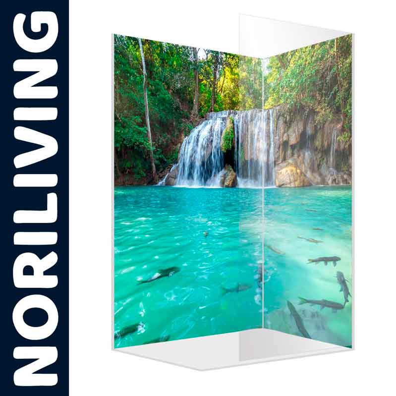 Duschabtrennung mit beeindruckendem Wasserfall-Bild und klarem Glas, ideal für modernes Badezimmer