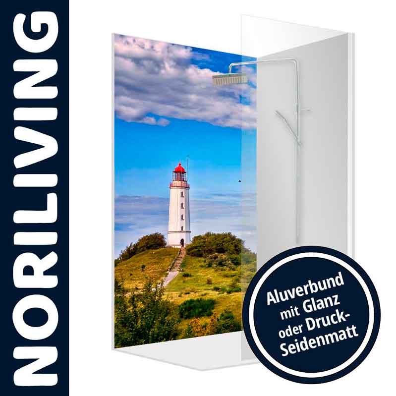 Duschwand von NORILIVING mit Leuchtturm-Motiv, erhältlich in Aluverbund mit glänzender oder seidenmatter Oberfläche