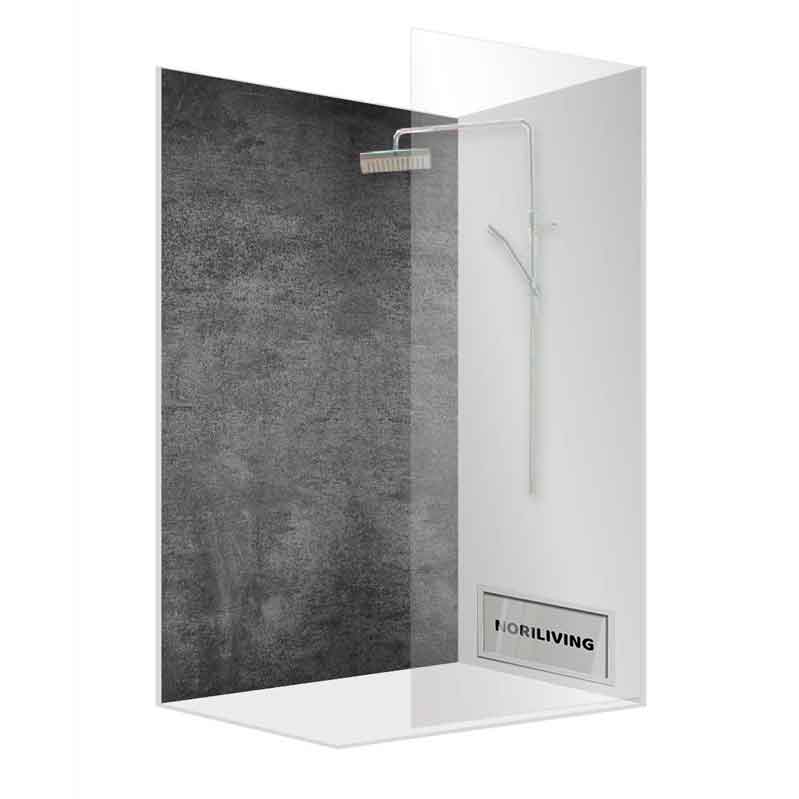 Duschabtrennung mit transparentem Glas und dunkler Steinwand