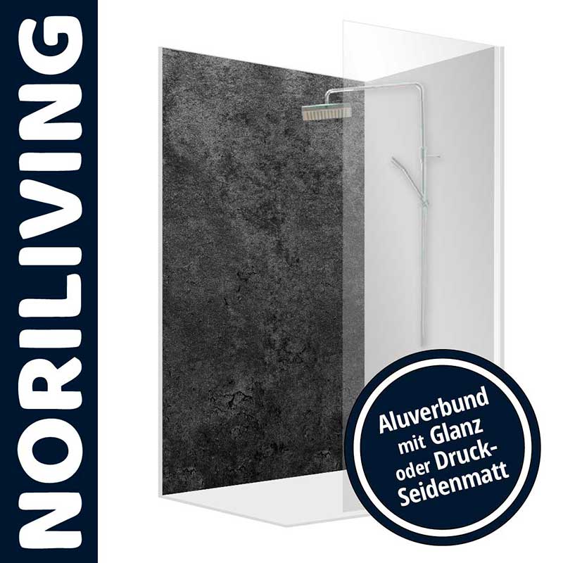 Duschrückwand Aluverbund von Noriliving mit Betonoptik und Glanz oder Druck-Seidenmatt-Finish