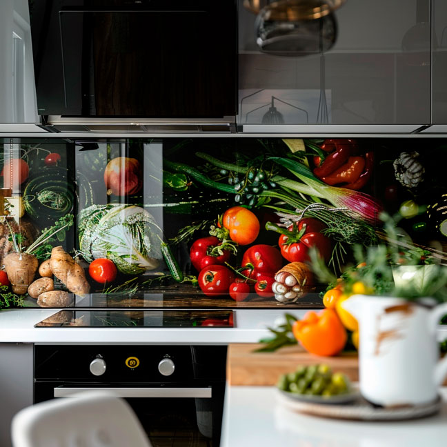Moderne Küche mit farbenfrohem Gemüse-Design an der Wand Elegante moderne Küche mit Bild von frischem Gemüse auf der Wandverkleidung hinter dem Herd, darunter Tomaten, Paprika und Kräuter.