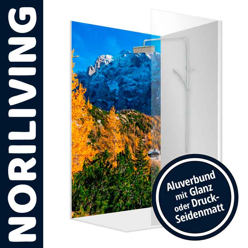 Duschwand von Norliving mit herbstlichem Bergmotiv, erhältlich in Glanz oder Druck-Seidenmatt