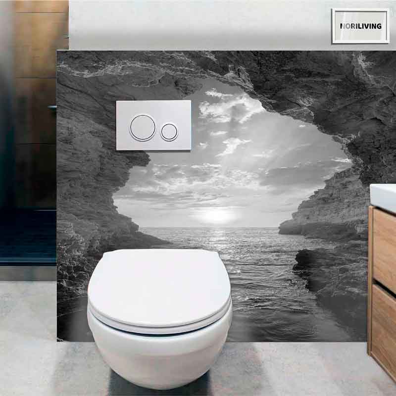 Toilette vor einer Fototapete mit Meer und Felsenlandschaft, modernes Badezimmerdesign