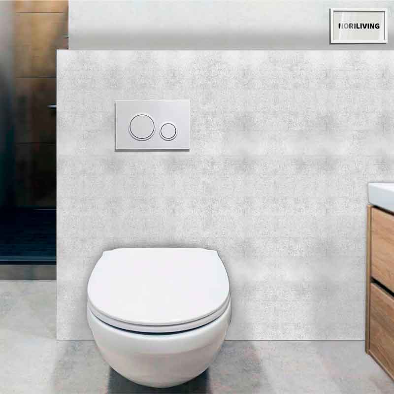 Moderne wandmontierte Toilette mit Spültaste Wandmontierte Toilette mit zweifacher Spültaste im modernen Badezimmer