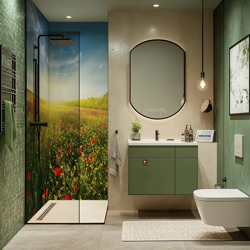 Grünes Bad mit Waschtisch und Landschafts-Dekor in Dusche