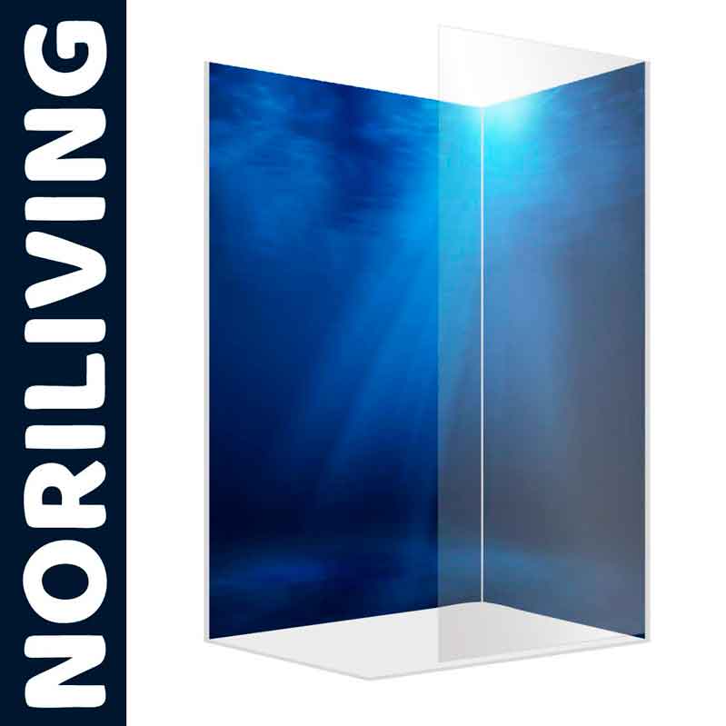 Duschkabine von Noriliving mit blauem Unterwassermotiv auf der Rückwand