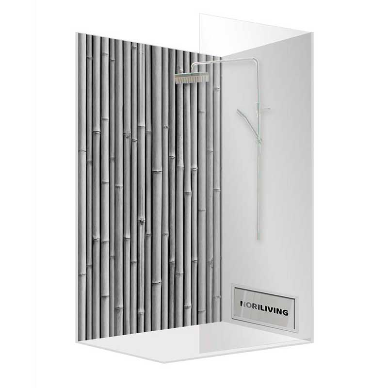 Duschkabine mit transparenten Wänden und stilvollem Bambus-Dekor. Ideal für ein modernes Badezimmer.