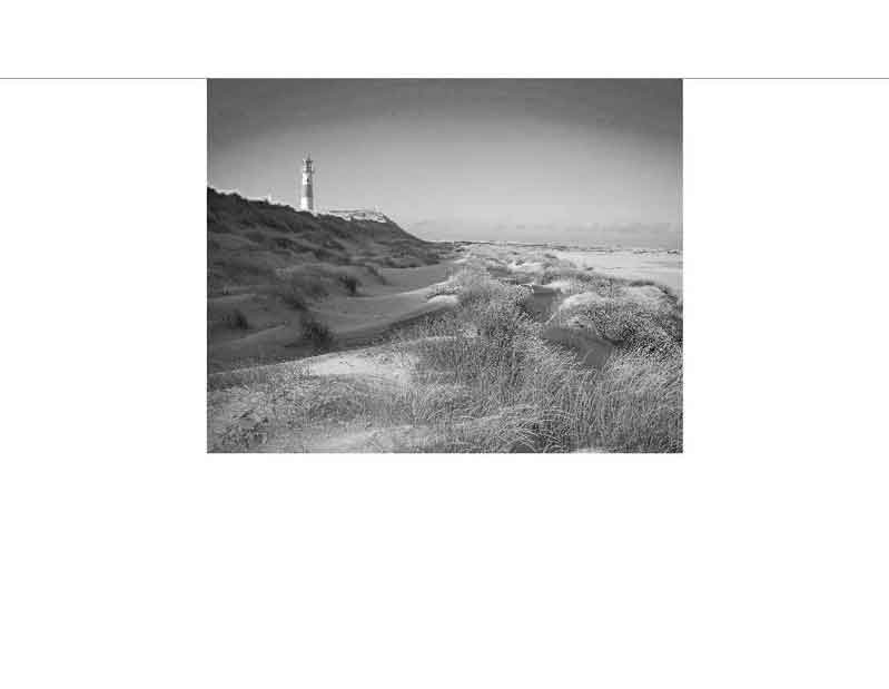 Schwarzweiß-Fotografie einer Küstenlandschaft mit Gras und Dünen, im Hintergrund ein Leuchtturm bei klarem Himmel