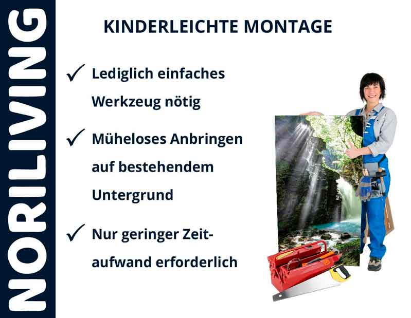Frau präsentiert Noriliving mit einfacher Montage, minimalem Aufwand und wenig Werkzeug