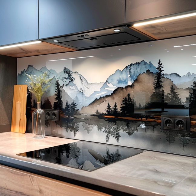 Küchenrückwand mit Berglandschaftsdesign Moderne Küche mit dekorativer Rückwand, die eine malerische Berglandschaft zeigt