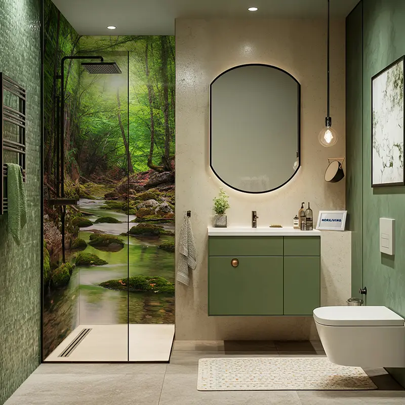 Grünes Bad mit Dusche, Waldmotiv und hängendem Waschtisch