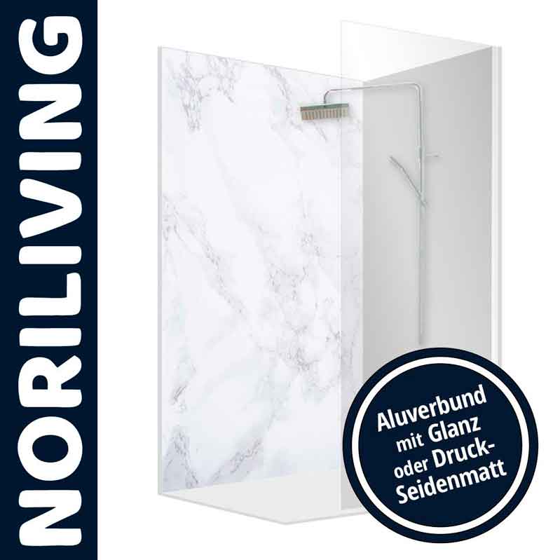 NoriLiving Duschwand mit Aluverbund in Marmoroptik Duschwand von NoriLiving mit Aluverbund, verfügbar in glänzend oder seidenmatt, zeigt Marmoroptik.