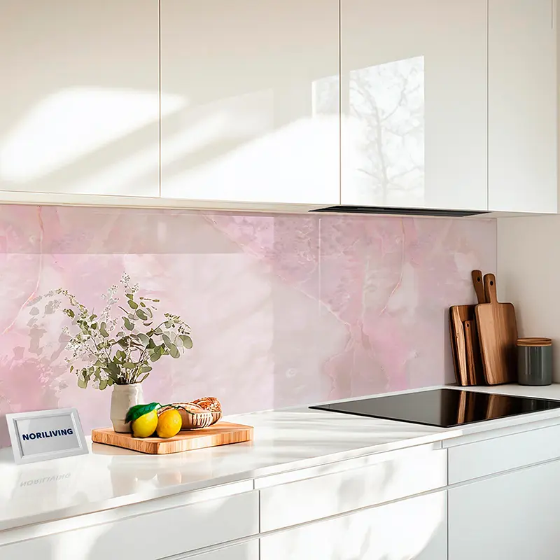 Moderne weiße Küche mit rosa Marmor-Rückwand, Obst