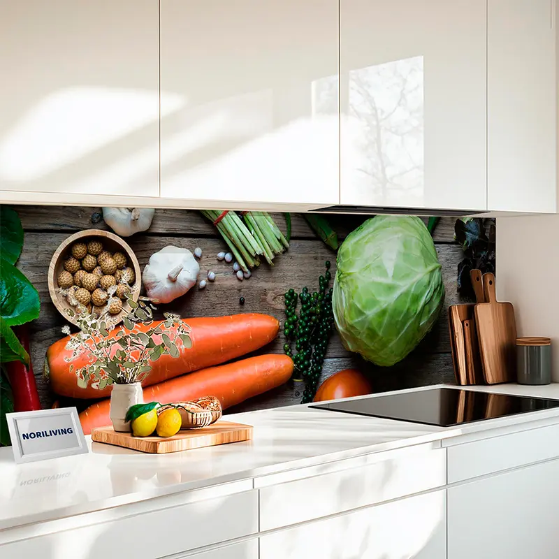 Küchenrückwand Echtglasoptik Profiline Frisches Gemüse auf rustikalem Holztisch 045