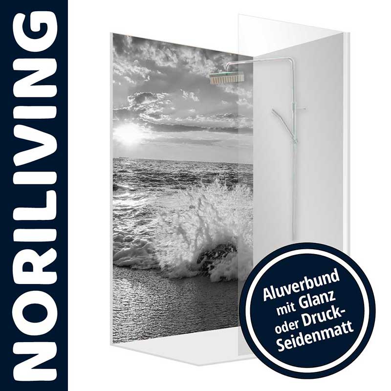 Duschwand mit Strandmotiv aus Aluverbund, glanz oder seidenmatt - NORILIVING Moderne Duschwand mit schwarz-weißem Strandmotiv und Aluverbundbeschichtung, erhältlich in Glanz oder Druck-Seidenmatt von NORILIVING