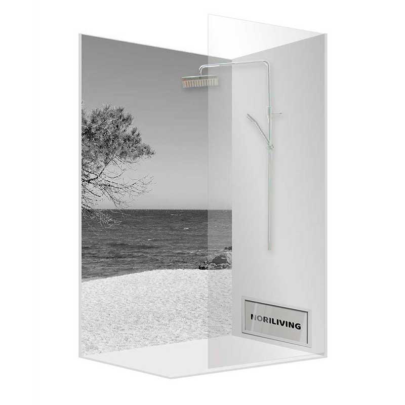 Glasduschkabine mit schwarzem Strandmotiv und Regenduschkopf von NORLIVING