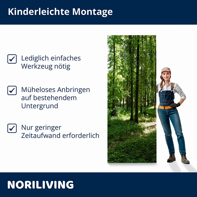 Frau neben Waldmotiv und Montage-Checkliste