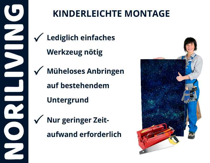 Frau zeigt Noriliving Panel mit einfacher Montagebeschreibung: Lediglich einfaches Werkzeug nötig, müheloses Anbringen auf bestehendem Untergrund, geringer Zeitaufwand.