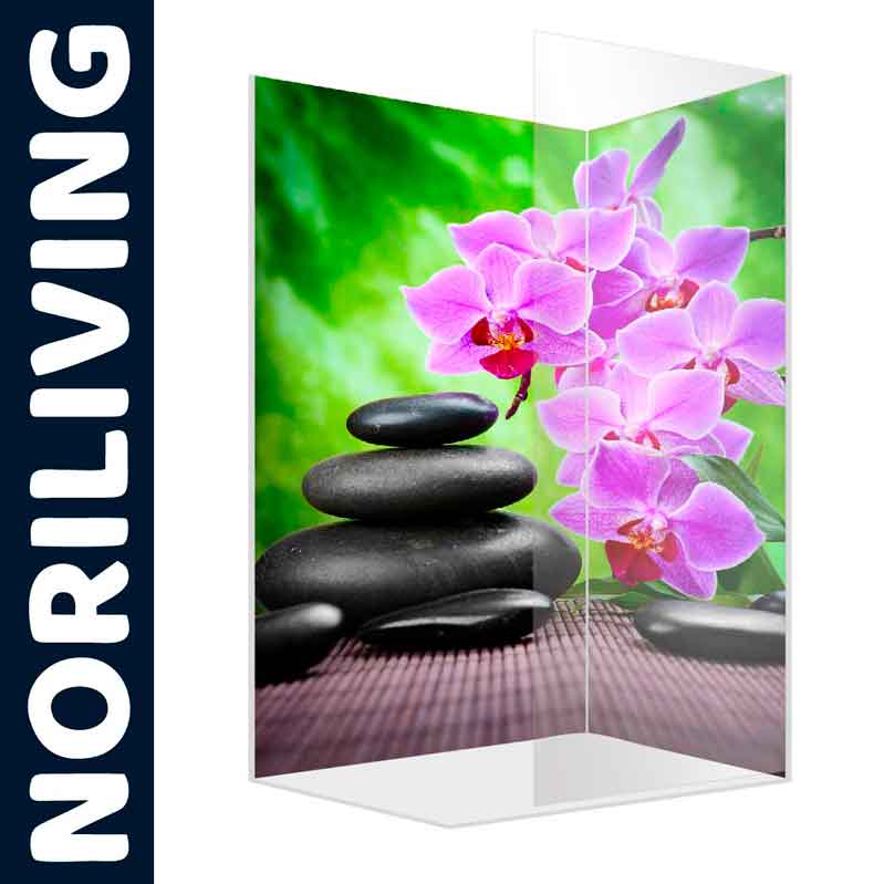 Paravent mit Zen-Steinen und pinken Orchideen, ideal zur Raumtrennung und Dekoration