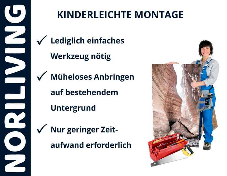 Die Frau präsentiert eine simple Installation mit minimalem Werkzeug für Noriliving Produkte.
