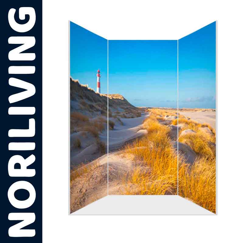 Paravent mit Strandlandschaft und Leuchtturm, ideal als Raumteiler oder Dekoration