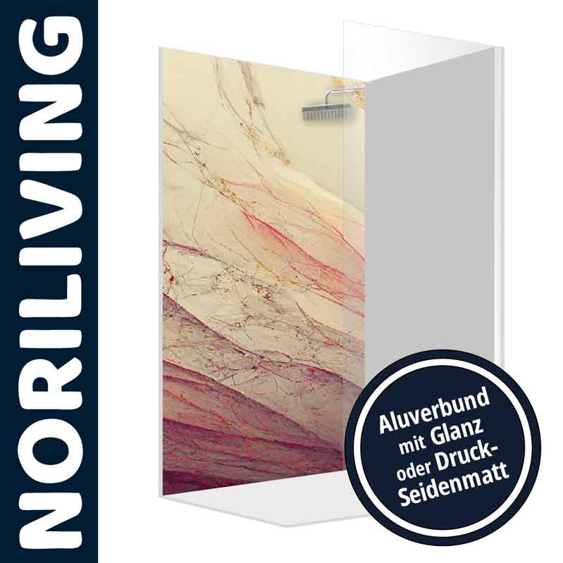 Duschwand mit elegantem Marmormuster, erhältlich in Glanz oder Druck-Seidenmatt. Ideal für modernes Badezimmerdesign.