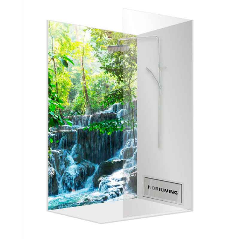 Luxus-Duschwand mit Naturmotiv Wasserfall Moderne Duschwand mit einem atemberaubenden Wasserfall-Bild für ein naturverbundenes Duscherlebnis