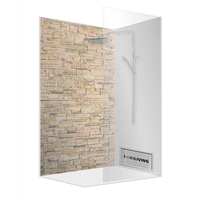 Moderne Dusche mit Natursteinwand und Glasabtrennung L-förmige Dusche mit Natursteinwand und Glasabtrennung, moderner Stil von NORILIVING