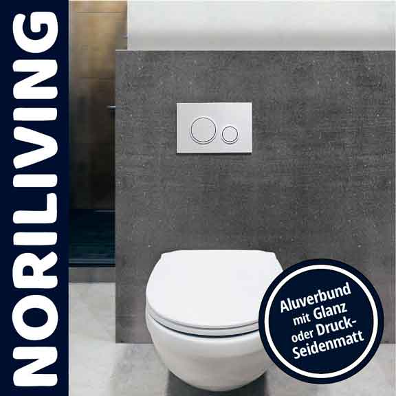 Moderne WC-Kombination in einem stilvollen Badezimmer, präsentiert von NORILIVING mit einer Wand in Aluverbund, glänzend oder matt.