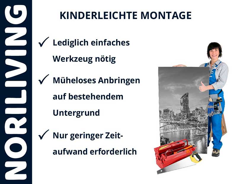 Kinderleichte Montage mit NORILIVING - Einfache Werkzeuge und geringe Zeit erforderlich NORILIVING Montagehinweis: Einfaches Werkzeug, müheloses Anbringen und geringer Zeitaufwand