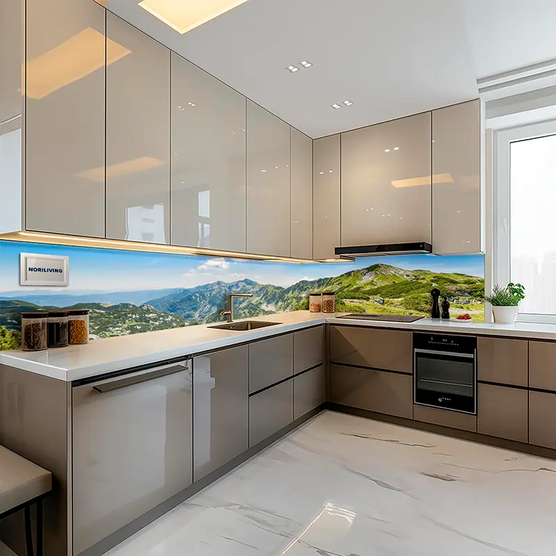 Helle Einbauküche mit Bergpanorama Spritzschutz