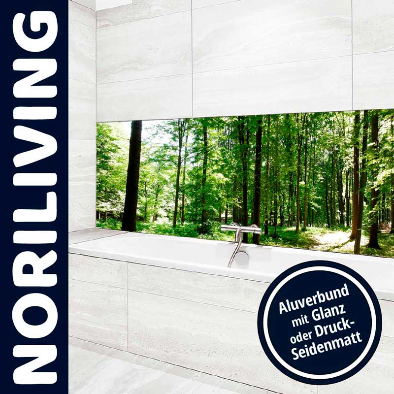 Hochwertige Badrückwände aus Aluverbund für moderne Badezimmer Moderne Badezimmerwand mit Naturmotiv aus Aluverbund, glänzend oder seidenmatt verfügbar, von Noriliving