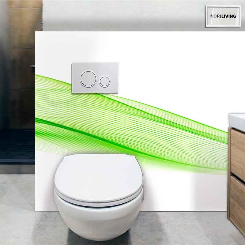 Ein modernes Wand-WC mit einem grünen Designakzent vor einer weißen Wand, ausgestattet mit einer Betätigungsplatte zur Spülung.