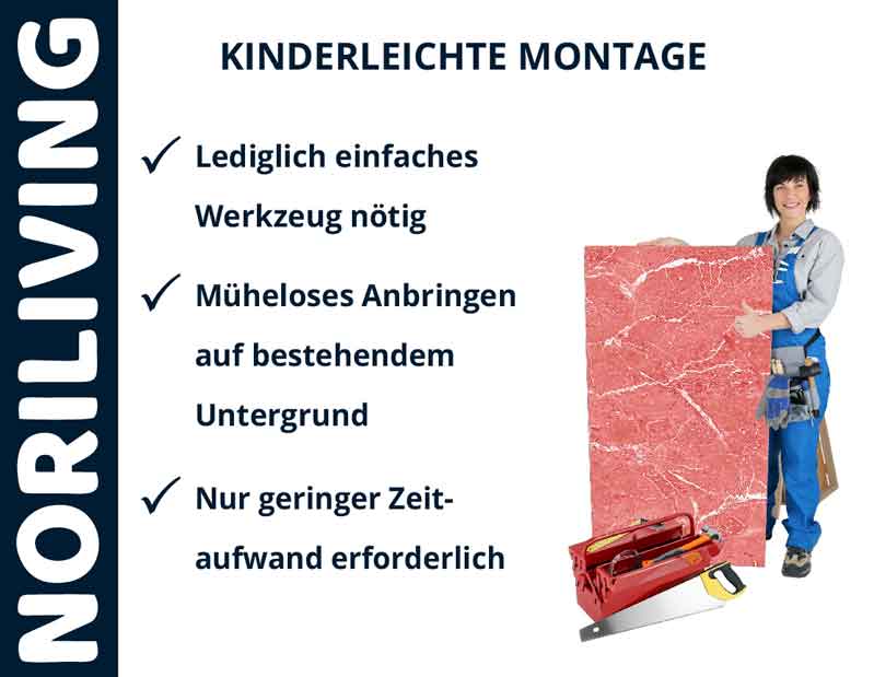 NORILIVING-Werbung - Frau zeigt einfache Montage mit roter Platte, minimaler Zeitaufwand