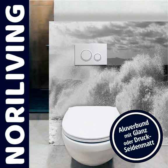 Toilette mit stilvollem Aluverbund-Design von Noriliving Moderne Toilette mit Aluverbundpaneel in Glanz oder Druck-Seidenmatt und Noriliving-Logo
