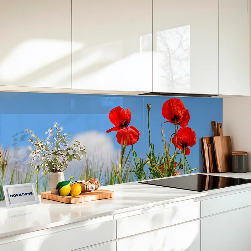 Fliesenspiegel Alu Roter Mohn im Gras vor blauem Himmel 714