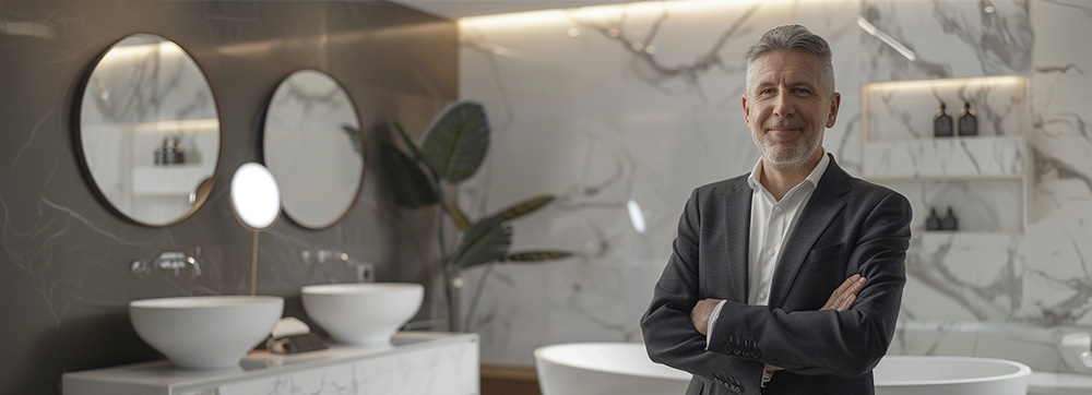 Ein stilvoll gekleideter Mann steht in einem modernen Badezimmer mit zwei Waschbecken, runden Spiegeln und einer Badewanne, umgeben von eleganter Dekoration.