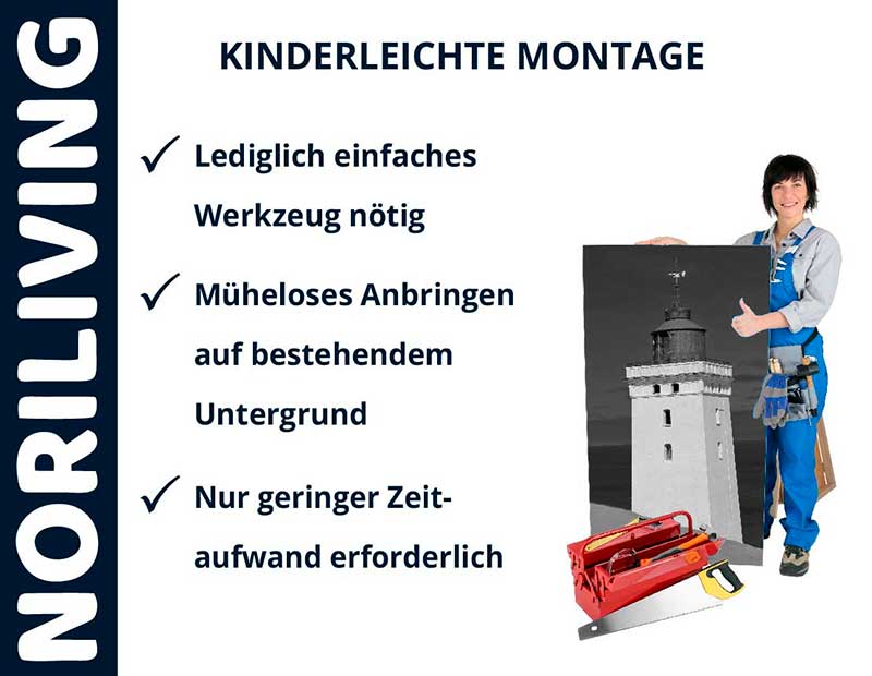 Handwerkerin bei der Montage eines Wandbildes mit kinderleichter Anleitung von NORILIVING, minimaler Werkzeugeinsatz nötig