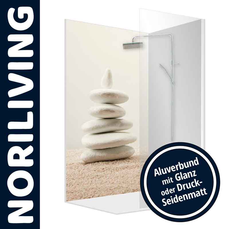 Duschabtrennung von Noriliving mit Zen-Steinen, erhältlich in Glanz oder Druck-Seidenmatt